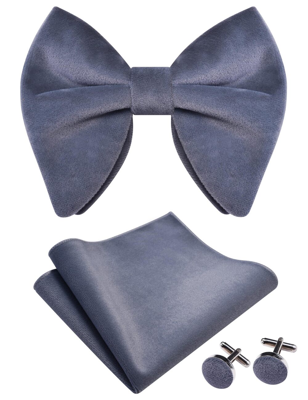 9837 Solid Blue Grey Bow Ties Velvet Pre-tied Over Size Bowtie and Pocket